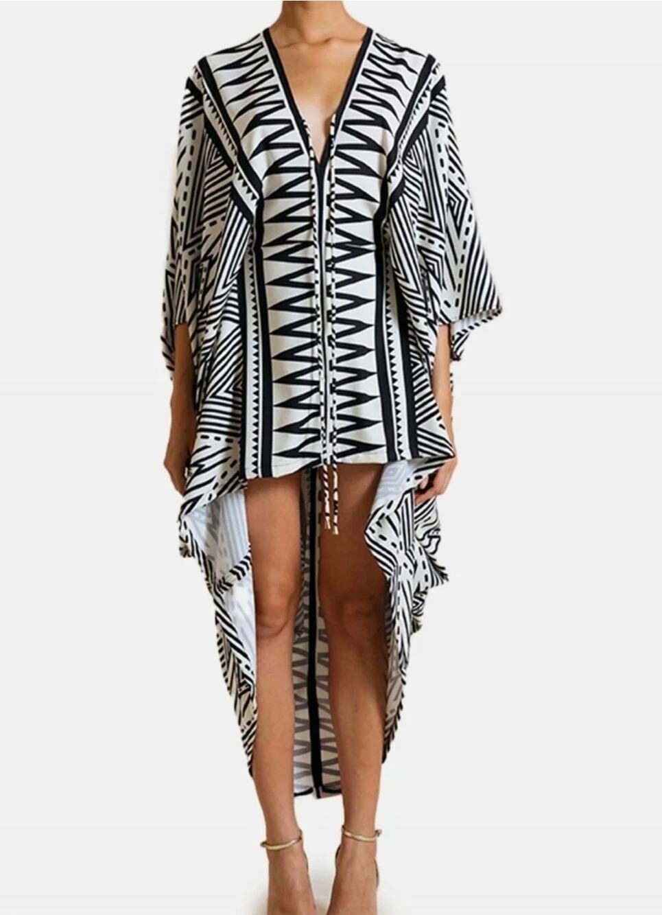 Koandaily Vacation Resort Long Sleeve Elegant Ethnic Batwing Tunic mumu Dress XL